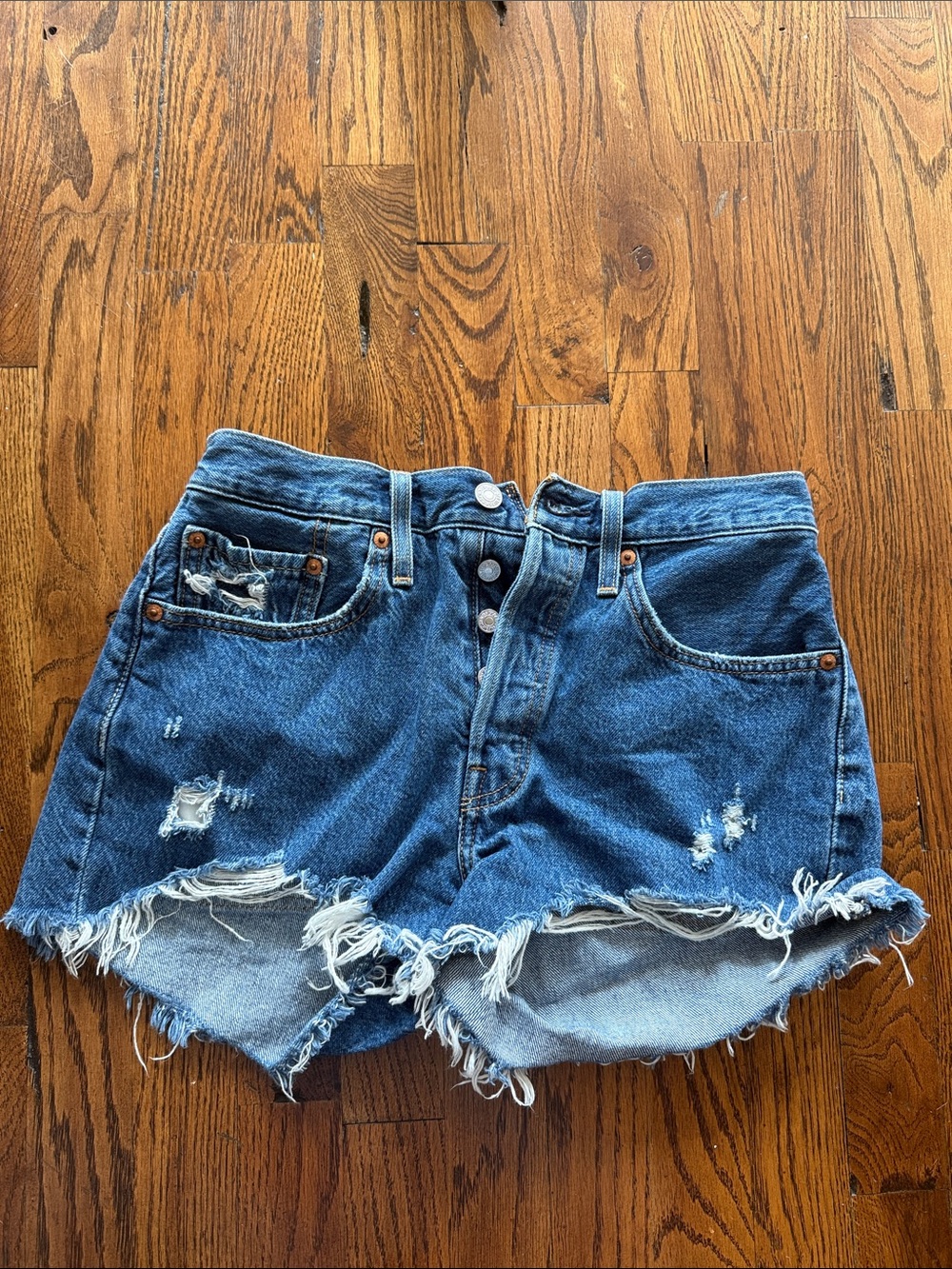 Levi's Distressed Dark Blue Button-Fly Denim Shorts